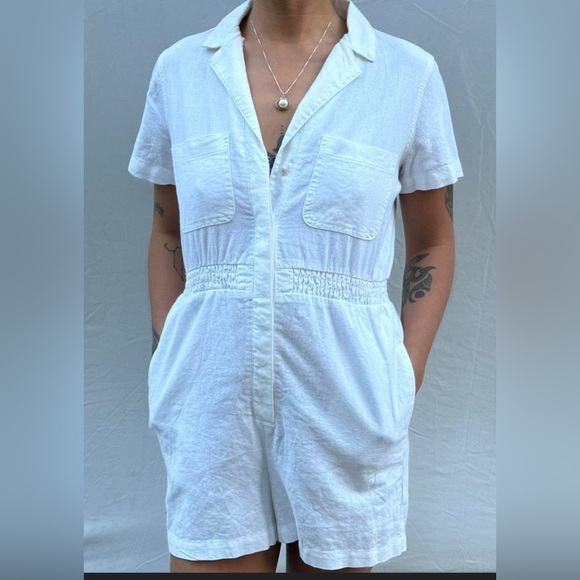 Universal Thread Pants - UNIVERSAL THREAD Linen Blend Shirt Short Sleeve Romper Elastic Waist Off-White